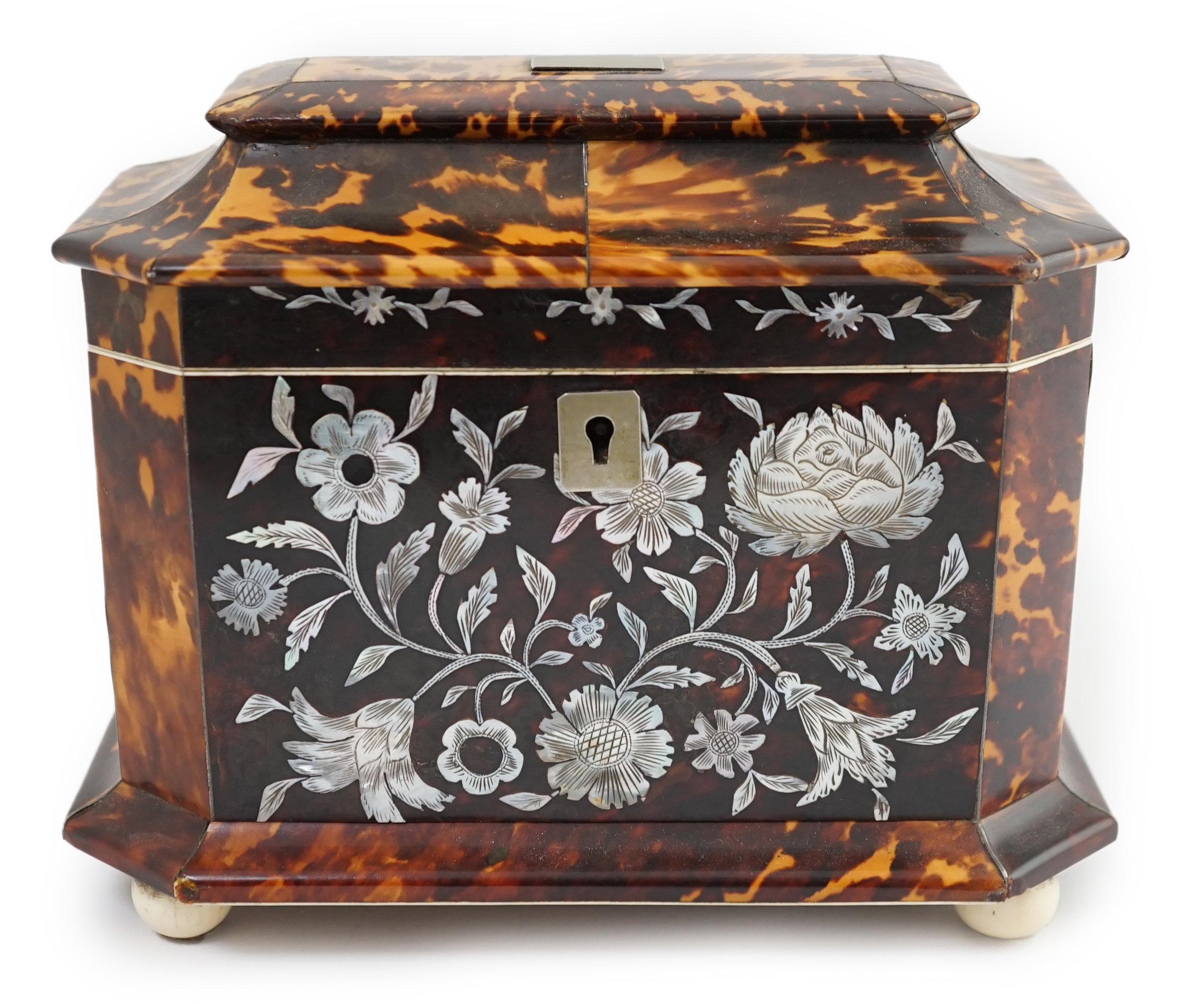 A Regency blond tortoiseshell and mother of pearl tea caddy